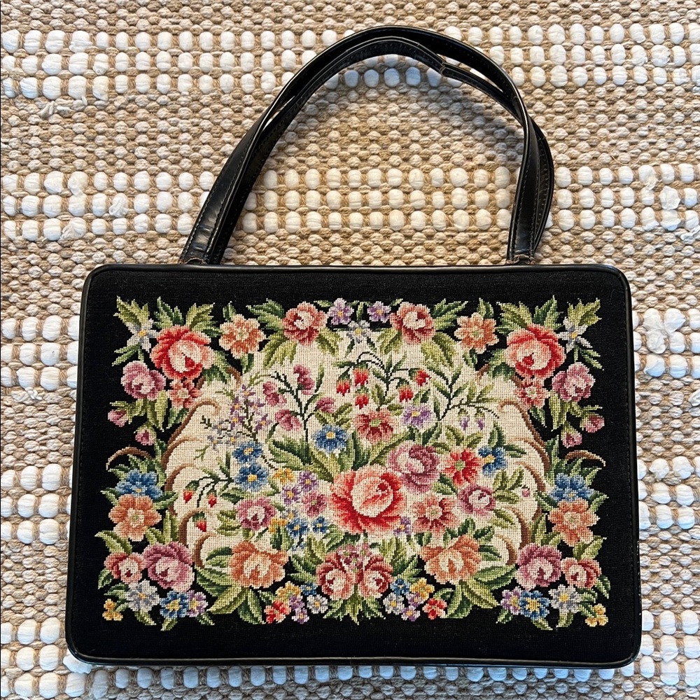 1950s Vintage floral tapestry bag Petit Point floral leather straps
